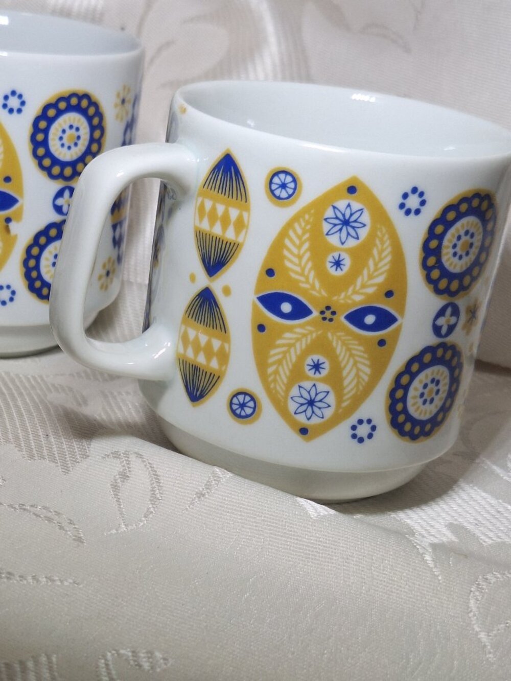 Brazilian Porcelain pair of Mugs Cups Decorative Blue Yellow White Coffee